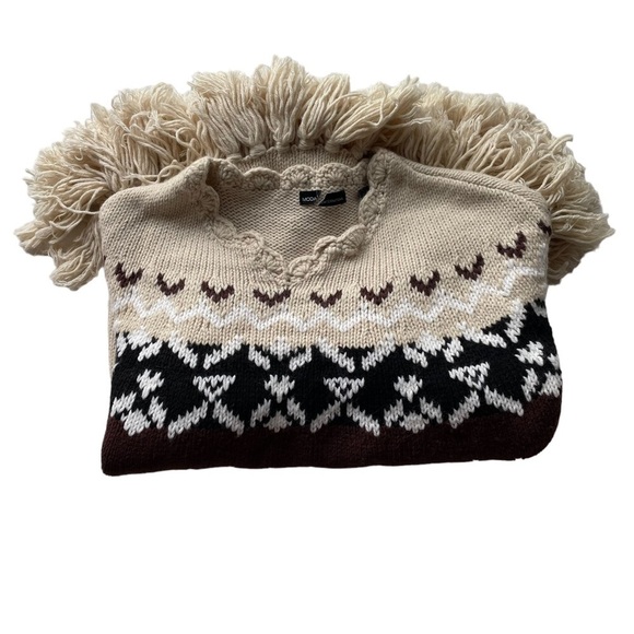 MODA INTERNATIONAL VS Sweater Shawl Brown XS Small Nordic Fair Isle Wool Fringe - Picture 7 of 13